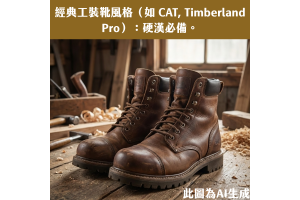 經典工裝靴風格（如 CAT, Timberland Pro）：硬漢必備。