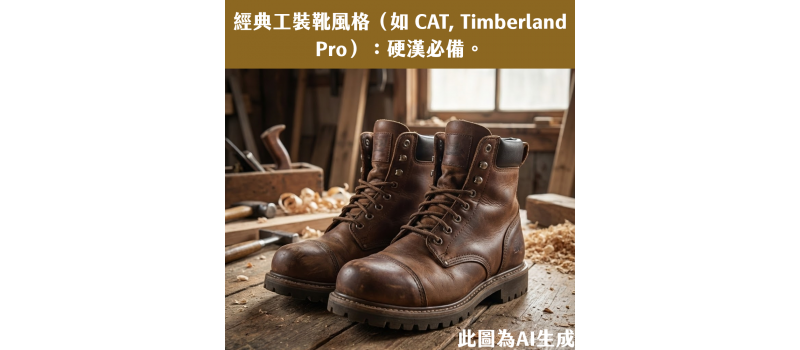 經典工裝靴風格（如 CAT, Timberland Pro）：硬漢必備。