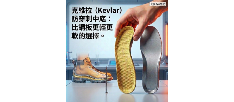 克維拉 (Kevlar) 防穿刺中底：比鋼板更輕更軟的選擇。
