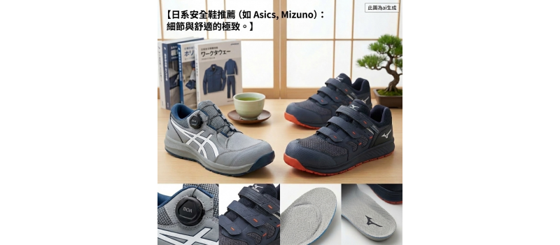 日系安全鞋推薦（如 Asics, Mizuno）：細節與舒適的極致。
