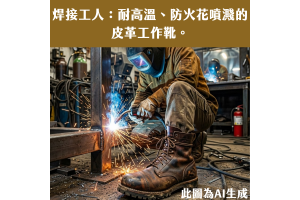 焊接工人：耐高溫、防火花噴濺的皮革工作靴。