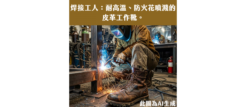 焊接工人：耐高溫、防火花噴濺的皮革工作靴。